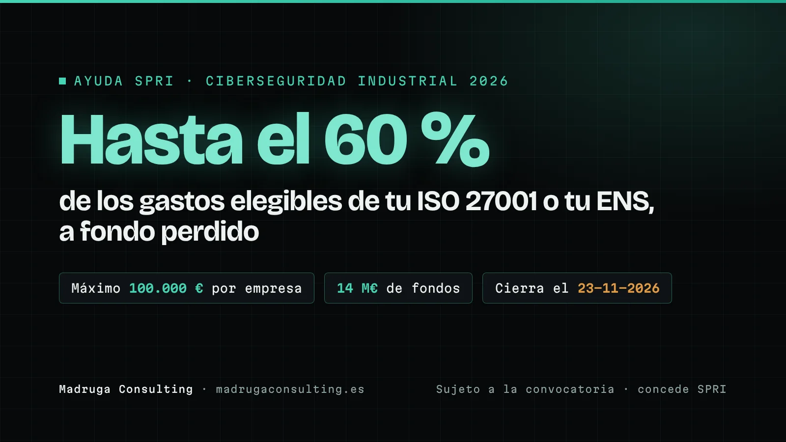 Ayuda SPRI de Ciberseguridad Industrial 2026: hasta el 60 % de lo elegible, máximo 100.000 €, cierra el 23 de noviembre.