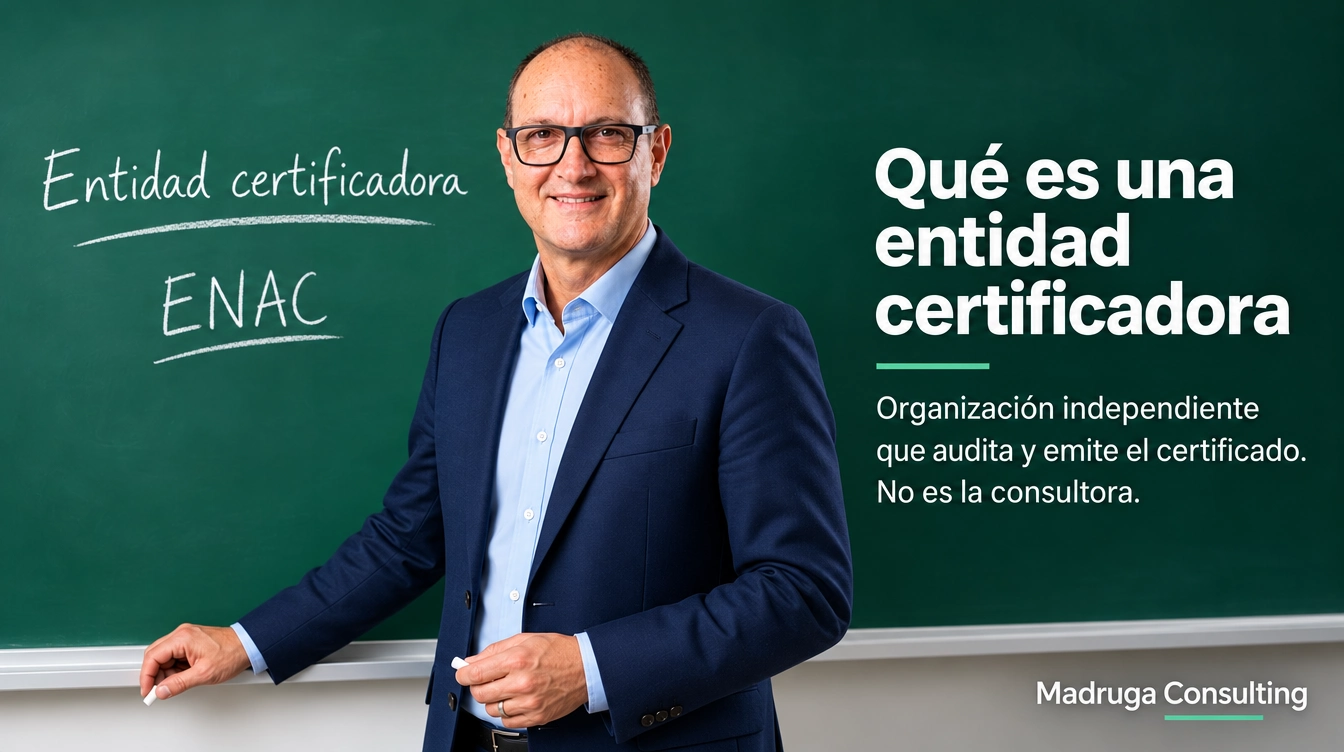La pizarra de Madruga: la consultora prepara, la entidad certificadora audita y firma, y ENAC acredita a la entidad.